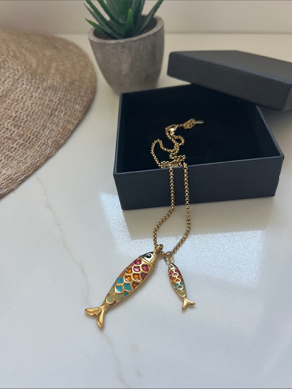 Mama and Baby Gold Fish Pendant Necklace with Colorful Enamel